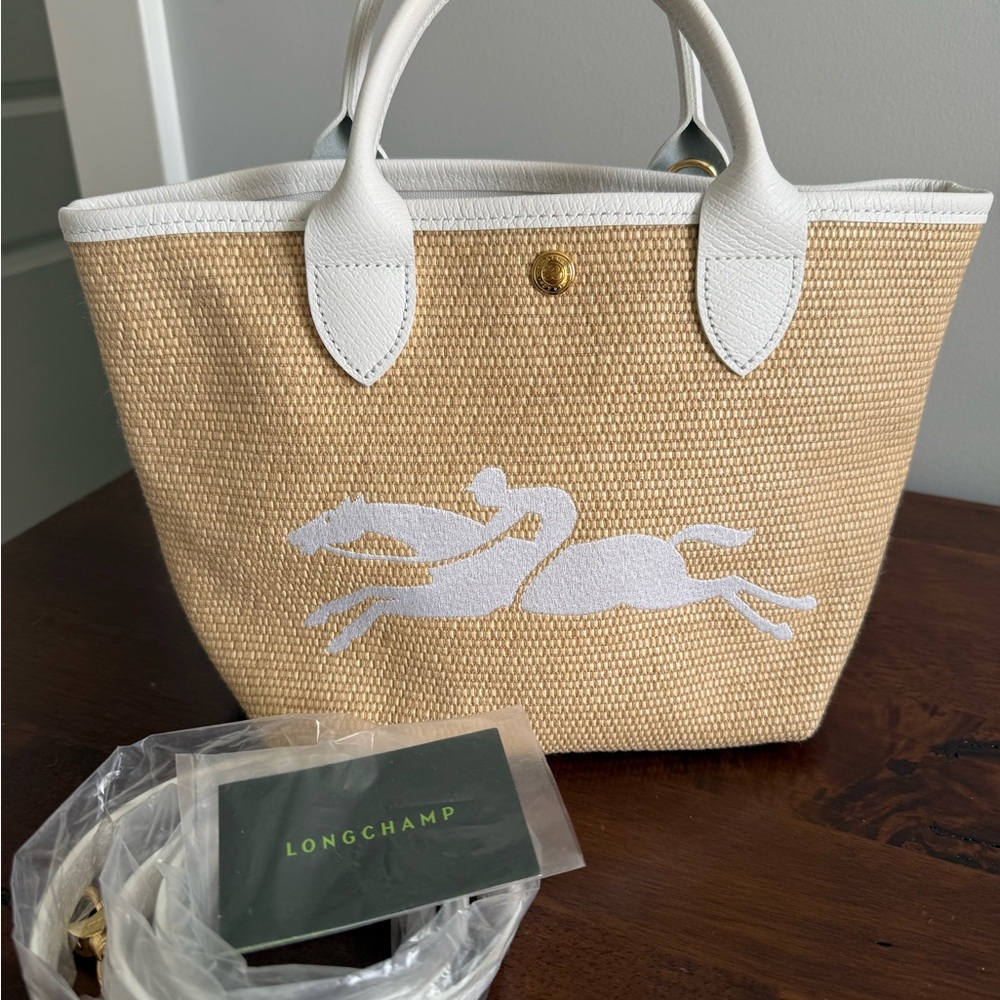 Longchamp Le Panier Pliage Raffia and White Top Handle Crossbody Bag
